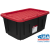 27 Gallon Stackable Snap Lid Plastic Storage Bin Container, Black with Red Lid, Set of 4