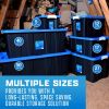 12 Gallon Latching Plastic Storage Bin Container, Black with Blue Lid, Set of 4