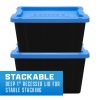 12 Gallon Latching Plastic Storage Bin Container, Black with Blue Lid, Set of 4