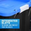 12 Gallon Latching Plastic Storage Bin Container, Black with Blue Lid, Set of 4