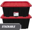 27 Gallon Stackable Snap Lid Plastic Storage Bin Container, Black with Red Lid, Set of 4